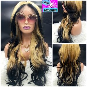 Sky' Blonde/Black Long Synthetic Wig Lace Front Wig, 5 inch deep part W/Baby Hai